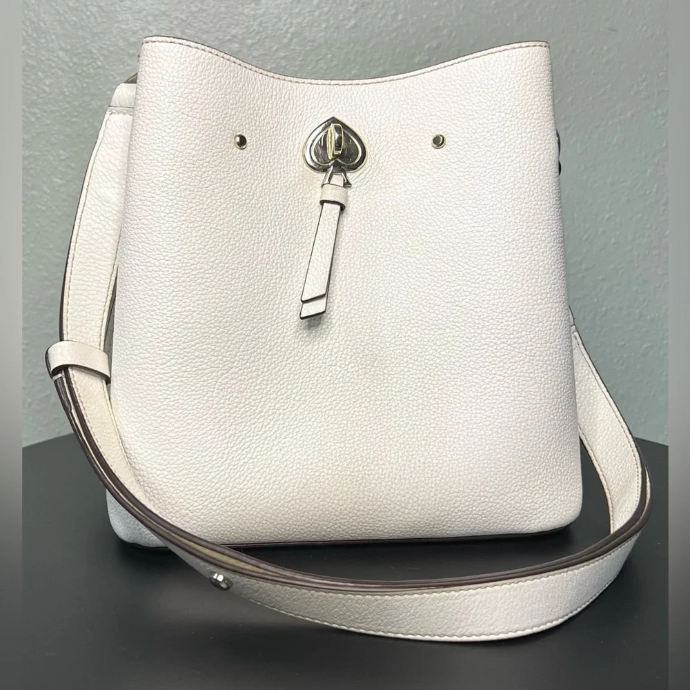 Kate Spade Marti Genuine Pebbled Leather Bucket Bag White Purse Silver Hardware